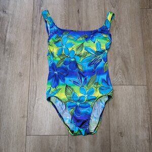 Vintage 90s Studio Works Floral One Piece Bathing Suit Green Blue Bright Size 8